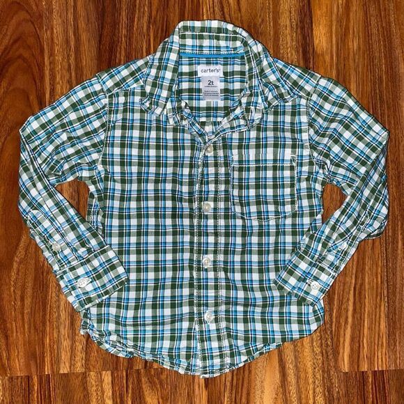 5 for $25 Carter's Green and White Plaid Button Down Top Toddler Size 2T - Picture 1 of 6